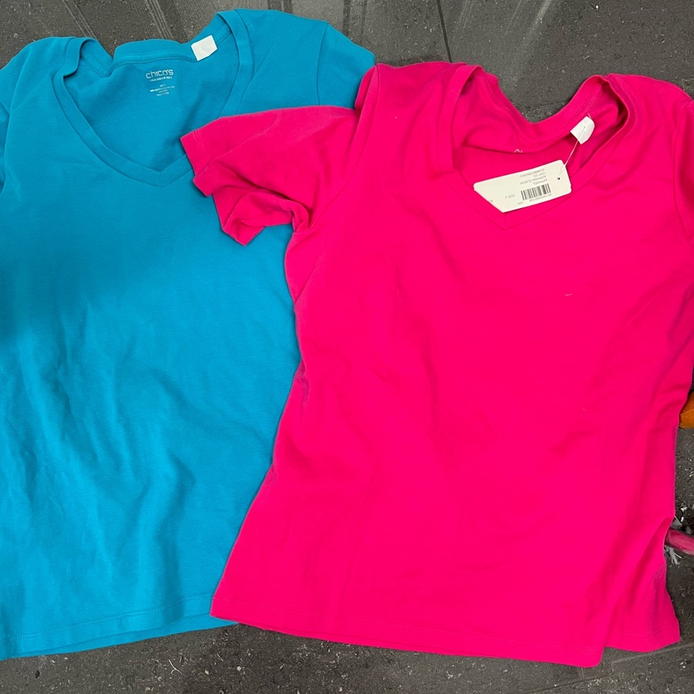 Lot of 2 Chico’s Adrianna elbow tee summer berry (fuchsia) and blue turquoise L